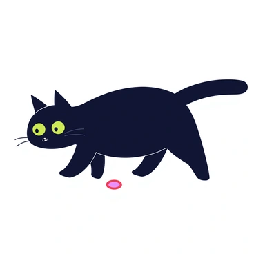 A cat with a sleek black coat is intensely watching a red laser pointer dot on the light-colored floor. Its green eyes are wide and focused, reflecting concentration as it crouches low, ready to pounce. The cat’s ears are perked up, and its tail is stiff, showing its excitement. The room is minimally decorated, emphasizing the cat's engagement with the laser dot.