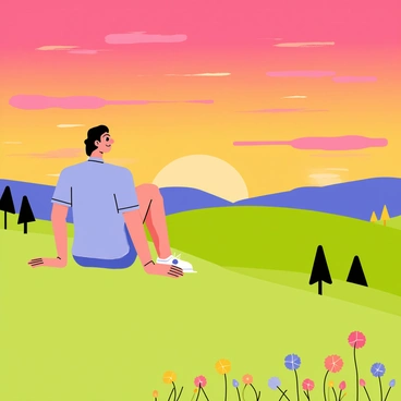 A hilltop with a person sitting on the grass, facing a vibrant sunset. The sky is filled with striking hues of orange, pink, and purple as the sun descends on the horizon. The person is wearing a light blue shirt and has their knees drawn up, with a peaceful expression on their face. In the foreground, there are wildflowers in various colors dotting the grassy slope. The landscape stretches out with rolling hills and a few scattered trees, adding depth to the scene.
