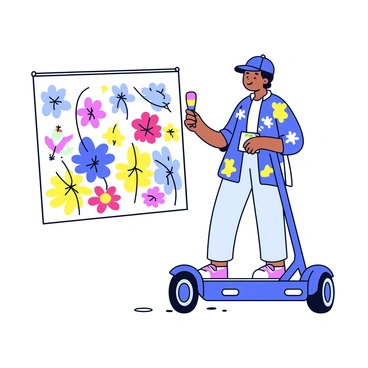 An artist is standing on a mini Segway, with one hand holding a paintbrush. The artist is wearing a paint-splattered smock and a cap. Brightly colored paints are scattered in a small palette on the Segway's platform. The mural being painted features a vibrant depiction of flowers and abstract shapes, with colors like red, blue, yellow, and green blending together. The Segway is parked against a plain white wall, and there are small splatters of paint on the ground beneath it.