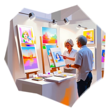 An artist's booth at an art fair is set up with a variety of colorful printed artworks displayed in an organized manner. Several framed prints featuring vibrant landscapes, abstract designs, and portraits are hung on the walls of the booth. A small table in front holds additional prints, brochures, and business cards, neatly arranged for visitors. The artist, a middle-aged person with short hair, is engaged in conversation with a visitor, pointing out the details in one of the artworks. Soft lighting illuminates the booth, enhancing the colors and textures of the prints on display.
