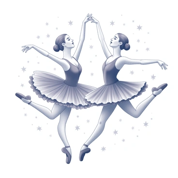 Two ballet dancers are gracefully performing an elaborate routine. They are positioned in mid-leap, showcasing their elegant forms and poised expressions. Each dancer is wearing a traditional tutu, which is intricately detailed, with ruffles and layers that create a sense of movement. Surrounding them is a celestial backdrop filled with numerous stars that appear to twinkle like sparkling lights. The dancers' hair is neatly styled, and their facial expressions reflect concentration and passion as they express their art in this starry setting.