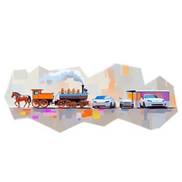 A timeline illustrating the development of transportation methods features various vehicles arranged chronologically. At one end, there is a detailed depiction of a horse-drawn carriage, showcasing a wooden frame, large wheels, and a pair of horses hitched to the front. Moving along the timeline, an early steam locomotive is illustrated, with billowing steam and a distinct black and red color scheme. Next, a vintage automobile from the early 20th century is shown, featuring a rounded body, spoked wheels, and a classic front grille. Further along, a modern bus is depicted, designed with sleek lines and large windows. Finally, at the end of the timeline, an electric car is illustrated with a smooth, aerodynamic shape, featuring charging ports and a futuristic look. The timeline is filled with labels indicating the years of significant advancements in transportation.