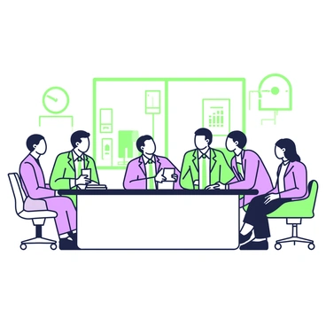 A boardroom is filled with several business people gathered around a large, rectangular table. On one side of the table, three individuals are seated, each wearing formal attire, with one person leaning forward slightly, showing engagement. Opposite them, another group of three business people listens attentively, with one person taking notes on a pad. Wall-mounted screens display charts and graphs related to the negotiation. The room has a formal atmosphere, with large windows allowing light to fill the space, and a modern design featuring sleek furniture and a large clock on the wall.