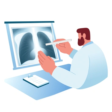 A doctor is observing a chest X-ray displayed on a lightbox. The X-ray reveals the detailed contours of the lungs and possible signs of tuberculosis infection, such as opacities or nodules. The doctor is wearing a white lab coat and holding a ruler, measuring certain areas on the X-ray. A small clipboard with medical notes is positioned on the table nearby. The room is illuminated with soft, warm lighting, enhancing the overall atmosphere.