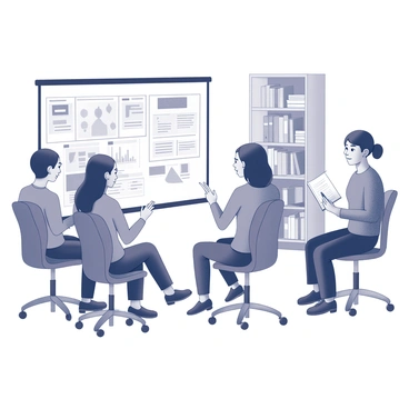 A group of four students is engaged in a video call, each sitting in their own study area. One student is positioned on the left, wearing headphones and looking intently at the screen, while another student on the right is taking notes with a pen and notebook. In the center of the screen, a digital whiteboard displays various educational content, including graphs, diagrams, and text. The background of each student’s space includes bookshelves filled with textbooks and study materials, creating an academic atmosphere.