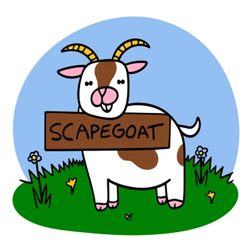 A goat with white and brown fur standing in a grassy field. The goat has a playful expression and is wearing a wooden sign around its neck that says "Scapegoat" in bold letters. The field is filled with lush green grass, and there are a few wildflowers scattered throughout. In the background, a clear blue sky complements the sunny day.