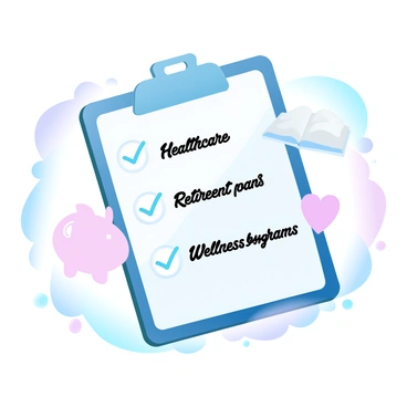An illustration depicting a variety of employee benefits. In the foreground, there is a clipboard with checkboxes listing "healthcare," "education," "retirement plans," and "wellness programs." Surrounding the clipboard are icons symbolizing each benefit: a stethoscope representing healthcare, an open book for education, a piggy bank for retirement plans, and a heart for wellness programs. The background features soft gradient pastel colors that blend harmoniously.