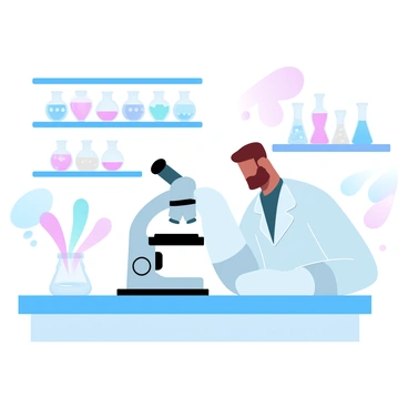 A scientist in a lab coat is examining shampoo samples under a microscope on a laboratory table. The microscope is positioned directly in front of the scientist, who is focused on the samples. Surrounding the microscope are colorful beakers filled with vibrant liquids, each showcasing different shades. The background features shelves stacked with additional lab equipment and more beakers, creating a busy laboratory atmosphere.