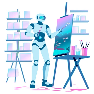 A sleek automaton artist with a polished metallic surface, standing upright in a well-lit studio. Its mechanical arms are articulated, moving precisely as they manipulate fine brushes and paint tubes. The automaton's head is equipped with a small digital screen displaying a focused expression. In front of it, a large canvas features bold strokes of vibrant paint, capturing an abstract landscape. The floor is scattered with paint splatters, and various art supplies, including paintbrushes and tubes, are neatly arranged on a nearby table. The background reveals shelves filled with completed artworks, showcasing the automaton's artistic creations.