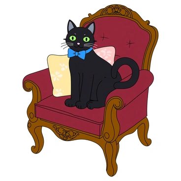 A sleek black cat with bright green eyes is sitting elegantly on a plush Victorian-style armchair upholstered in deep burgundy. The cat is wearing a shiny blue bow tie that stands out against its sleek fur. The chair features ornate wooden carvings and curved arms, with intricate floral patterns on the fabric. The cat is perched upright, with its tail curled around its body, exuding an air of sophistication. There are decorative pillows in soft pastel colors scattered around the chair, enhancing the cozy atmosphere of the scene.
