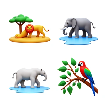 A series of thumbnail sketches featuring a lion in the African savannah, an elephant near a watering hole, a polar bear on an ice floe, and a colorful parrot perched on a tree branch. Each animal is depicted in its characteristic posture, showcasing its natural behaviors. The lion is in a relaxed position under a tree, the elephant is drinking water with its trunk, the polar bear is walking across the ice, and the parrot is vibrant and alert amidst lush green leaves. Each sketch includes elements of the animal's habitat to emphasize their surroundings.