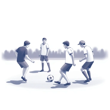 A group of four friends engaged in a game of football on an open field. Two are wearing jerseys, one in a black uniform and the other in white. The third friend, dressed in shorts, is preparing to kick the ball that is placed on the grass. The fourth friend, wearing a cap, is positioned a few meters away, ready to defend. The background features a distant line of trees under a clear sky, with the sun casting gentle shadows on the ground.