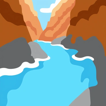A wild river with vibrant blue water rushing through a deep canyon. The water cascades over smooth rocks and creates white frothy waves. Jagged rocks frame the river on both sides, displaying a variety of earthy tones including browns and grays. The canyon walls rise steeply, revealing layers of colorful sediment and cliff formations. Sunlight filters down into the canyon, casting dynamic shadows across the rocky surfaces.