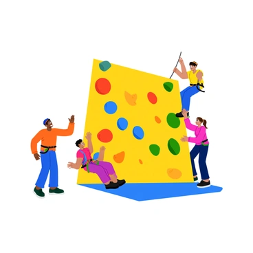 A group of children engaged in a climbing class, each child scaling a different section of a colorful climbing wall. The wall features various holds in different shapes and sizes, including brightly colored grips in red, blue, yellow, and green. Each child is wearing a safety harness and climbing gear. One child is reaching for a high hold, while another is carefully stepping onto a ledge. The instructor is positioned nearby, encouraging them. The scene captures the excitement and focus on their faces as they tackle the climbing challenge.