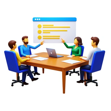 A group of three colleagues gathered around a conference table, actively discussing a project. One colleague is pointing at a large screen displaying a "feedback" slide with highlighted comments in bright yellow, ensuring it captures attention. The other two colleagues are taking notes while looking focused and engaged. The room is filled with a sense of collaboration, and there are papers and laptops scattered across the table, indicating a lively brainstorming session.