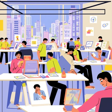 A bustling anime studio filled with artists focused on their work. Several artists are seated at desks with drawing tablets and sketch pads, showcasing their creativity. The walls are adorned with colorful artwork and concept designs. In the background, a vibrant cityscape is visible through large windows, depicting tall buildings, busy streets, and bright neon lights. A few artists are discussing their ideas, while others are intently drawing or painting. The atmosphere is lively, filled with energy and inspiration.
