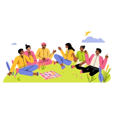 A circle of diverse people sitting together on a grassy area under a clear blue sky. Each person is smiling and engaged in conversation, with some using their hands to express their thoughts. Nearby, a few colorful blankets are spread out, and small plants and flowers dot the landscape around them. A couple of birds can be seen flying in the sky, adding to the lively atmosphere of the outdoor setting.