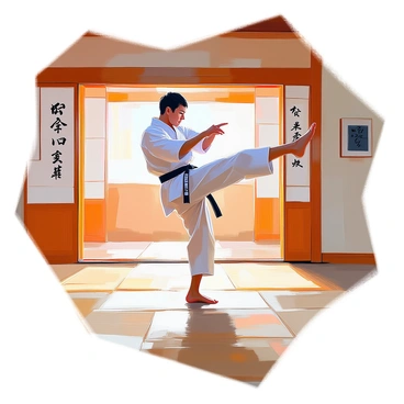 A karate practitioner with a focused expression is executing a high kick in a traditional dojo. The practitioner is wearing a white gi with a black belt, showcasing their training and dedication. The dojo features wooden floors and sliding doors with shoji screens in the background. The walls are adorned with calligraphy and martial arts memorabilia. Sunlight filters through the windows, illuminating the practitioner's posture as they maintain balance and form during the kick.