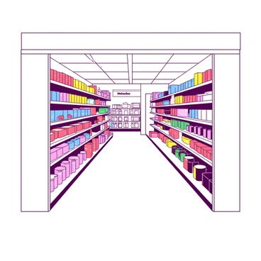 A white retail aisle featuring neatly arranged shelves filled with an array of colorful products. The shelves are stocked with neatly placed boxes and containers, showcasing various items such as toiletries, snacks, and household goods. A bright overhead light illuminates the aisle, highlighting the organized layout. The floor is polished, and at the end of the aisle, there is a sign indicating the section name.