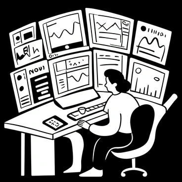 A person sitting at a desk surrounded by multiple computer screens displaying various data and network activity. The screens show graphs, charts, and numerical data in organized layouts. The person is focused on the screens, with hands poised over a keyboard and a mouse. There are notes and a cup of coffee on the desk, adding to the busy atmosphere of the monitoring setup. A dimly lit room creates a concentrated environment, emphasizing the importance of the data being observed.