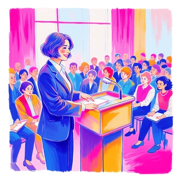 A woman with short, dark hair is standing confidently at a podium. She is wearing a tailored navy suit and smiling as she speaks. The podium has a microphone and is adorned with a small flag. In front of her, there is a large audience, with people of diverse backgrounds sitting in rows, some taking notes, while others are focused on her. Bright lights illuminate the stage, creating a professional atmosphere.