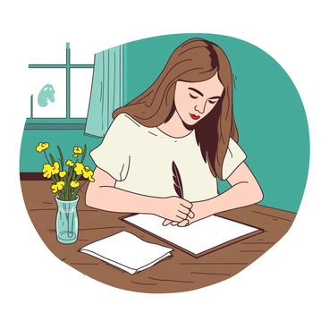 A teal room contains a wooden writing table where "Emily Dickinson" is seated, deeply focused on her task. She has long brown hair that falls softly around her shoulders and wears a simple white dress. In front of her, a piece of white parchment is laid out, and she is using a black feather quill to write, her expression reflecting concentration. Beside the parchment, there is a small vase filled with fresh yellow wildflowers. The room is softly lit, enhancing the intimate atmosphere of her creative process.