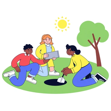 A group of three friends is gathered in a grassy park, forming a small circle. One friend, wearing a red shirt, is holding a rectangular metal time capsule with a shiny surface. The second friend, in a blue dress, is kneeling down, digging a shallow hole in the ground with a small spade. The third friend, dressed in yellow, is eagerly looking at the time capsule as it is about to be placed in the hole. The sun is setting in the background, casting a warm glow over the scene. A nearby tree adds a touch of nature to the setting.