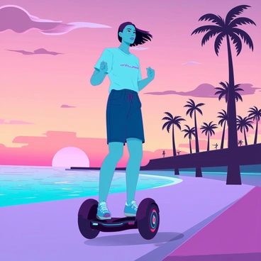 A person with medium skin tone, wearing a casual t-shirt and shorts, is cruising along a beach promenade during sunset. The sky is filled with vibrant hues of orange, pink, and purple as the sun descends towards the horizon. The individual is expertly balancing on a compact mini segway, with their feet positioned firmly on the footpads. In the background, the tranquil ocean gently waves against the shore, and silhouettes of palm trees can be seen lining the promenade. A subtle breeze causes the person's hair to slightly flow backward as they enjoy the ride.