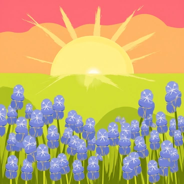 A sunset with a vibrant orange and pink sky casting golden rays. A vast field filled with blooming bluebonnets, showcasing bright blue flowers with green stems. The sunlight glimmers on the petals, creating a shimmering effect. Long shadows stretch across the field as the sun descends on the horizon.