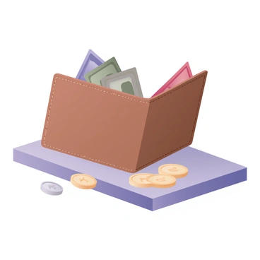 A digital flat illustration depicting an open wallet. The wallet is made of brown leather with visible stitching details. Various currency bills in different colors are peeking out from the wallet, including a green bill, a blue bill, and a red bill. The wallet is positioned on a light gray surface, and there are some coins scattered around it. The coins are shiny and include a mix of gold and silver colors. The background is a subtle gradient from light gray to white.
