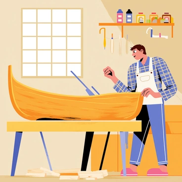 An artisan with short brown hair and wearing a plaid shirt is carefully crafting a traditional wooden boat by hand. The workshop is filled with various tools, such as saws and chisels, hanging on the walls. Sunlight streams through the open windows, illuminating the grains of the wood. Shavings of wood scatter around the floor, and a partially finished boat, shaped and polished, rests on a workbench. In the background, shelves hold jars of varnish and paint, adding to the rustic atmosphere of the space.