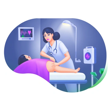 A nurse with weary eyes is positioned over a patient, performing cardiac massage in a hospital room. The nurse is wearing a scrubs uniform and has a stethoscope around their neck. The dimly lit room contains shadows that create a somber atmosphere. Medical equipment, including a heart monitor displaying fluctuating lines, is visible in the background. A faint light from a overhead lamp illuminates the scene, highlighting the nurse's focus and determination as they work.