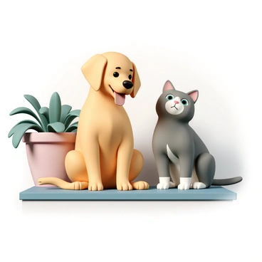 A friendly yellow Labrador, with a shiny coat and a wagging tail, sits beside a curious gray tabby cat, which has bright green eyes and a slightly tilted head. The Labrador has its tongue out, looking relaxed and content. The cat, with its ears perked up, appears inquisitive as it gazes at something in the distance. They are both sitting on an old wooden porch, surrounded by potted plants and the soft light of the afternoon sun illuminating their fur.