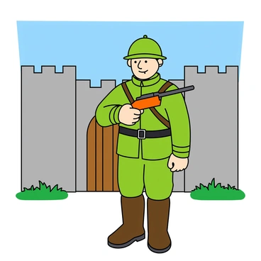 A single toy soldier with bright green plastic, wearing a classic military uniform and a helmet. He is standing upright with a serious expression, holding a small orange rifle close to his chest. The soldier is positioned in front of a miniature fortress gate made of gray stone. The gate is adorned with tiny battlements at the top and features a small wooden door that is slightly ajar. Behind the soldier, there are small patches of green grass and a clear blue sky overhead.