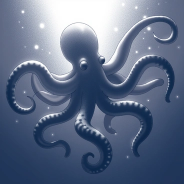 A large kraken silhouette is positioned deep in the ocean's twilight zone. Its elongated tentacles extend outward, creating an intricate pattern against the backdrop of the deep sea. The surrounding water is filled with a sense of depth and mystery, with faint outlines of sea creatures and bioluminescent organisms illuminating the dark water. The kraken's body has a pronounced shape that suggests power and presence, dominating the space around it. The overall atmosphere conveys an intriguing sense of the unknown, characteristic of the ocean's depths.