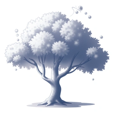 A large tree stands prominently in the foreground. Its trunk is thick and textured, with a wide spreading canopy of leaves. The sunlight filters through the leaves, creating intricate patterns of light and shadow on the ground below. There are droplets of water on the leaves, with some appearing to trickle down the trunk. Small bubbles of carbon dioxide are depicted around the tree, illustrating the process of photosynthesis. The tree's leaves are detailed, capturing the texture and shape that indicate chlorophyll's presence. Above the tree, wisps of oxygen are shown emanating from the leaves, symbolizing the transformation taking place.