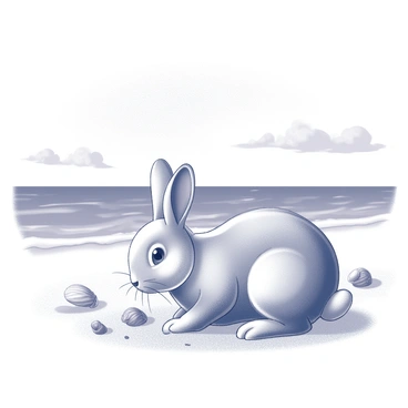 A rabbit with soft fur is playing near the shoreline. The rabbit is crouched down, with its ears perked up and its nose twitching, as it digs in the sand with its front paws. In the background, gentle waves of the ocean lap against the shore, and seashells are scattered in the sand. The sky above has a clear expanse with a few fluffy clouds. The horizon meets the water, creating a serene division between land and sea. The scene captures a lively and playful moment of the rabbit enjoying its surroundings.