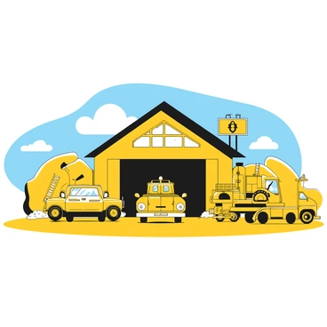 A roadside garage with a large, open door showing the interior filled with tools and equipment. Outside, several highway maintenance vehicles are parked in a neat row. One vehicle is a yellow pickup truck with a ladder on the roof, another is a yellow flatbed truck equipped with a hydraulic lift. A yellow trailer is attached to the flatbed truck. The garage has a sloped roof and large windows, surrounded by a gravel area and a blue sky overhead. A highway sign is visible in the background.