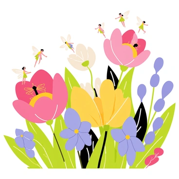 A lush garden filled with vibrant greenery and oversized flowers in various shades of pink, purple, and yellow. The flowers have large, detailed petals that are open wide, showcasing their intricate textures. Tiny fairies with delicate wings are flitting between the petals, each fairy adorned in shimmering attire. Some fairies are hovering above the flowers, while others are playfully interacting with them. The scene is animated with a sense of enchantment and whimsy as the fairies move gracefully through the air.