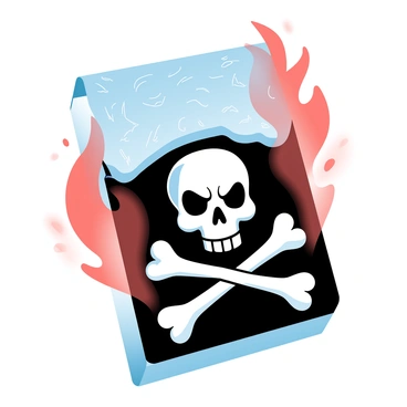 A matchbook with a rugged design displays a prominent "skull and crossbones" symbol, surrounded by vibrant flames emanating from the edges. The matchbook is textured to resemble worn leather, giving it a rough appearance. The background has a dark color gradient, enhancing the fiery elements. The skull appears fierce, with exaggerated features, while the crossbones are crossed below it, both elements contrasting sharply with the flames. The overall design conveys a bold and rebellious theme associated with biker culture.