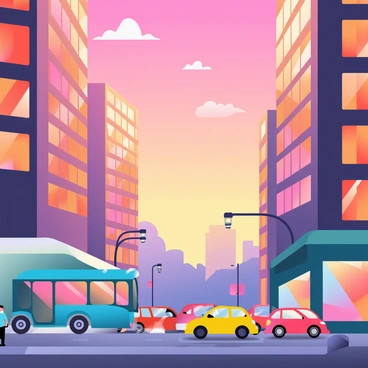 A vibrant cityscape at sunset features tall buildings with reflective glass windows casting warm orange and pink hues. The sky is filled with animated clouds, swirling and transitioning between shades of magenta and lavender. Below, busy streets are filled with moving traffic, including red and yellow cars, and a blue bus. Streetlights are illuminated, casting a soft glow on the sidewalks where a few pedestrians are walking. In the background, a silhouette of distant hills adds depth to the city view.