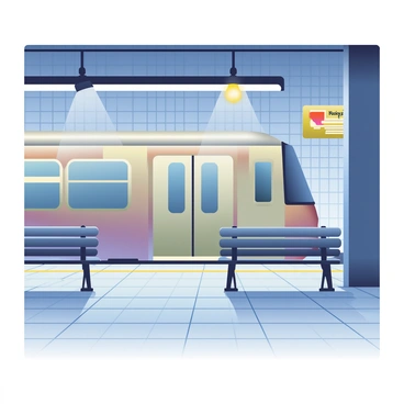 A quiet, dimly lit subway station late at night with a lone train waiting