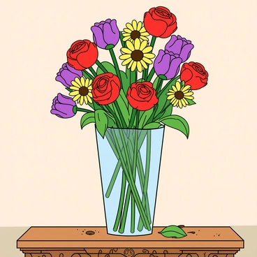 A tall, slender vase made of clear glass, filled with a variety of colorful flowers that are wilting and drooping. The flowers include bright red roses, yellow daisies, and purple tulips, with some petals falling off. The vase is positioned on a dusty wooden mantelpiece, which has a rich brown color and intricate carvings. Small specks of dust are visible on the surface of the mantelpiece, and a couple of dried leaves are scattered around the base of the vase. The background shows a hint of a wall with soft, muted colors.