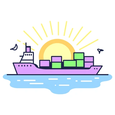 A cargo ship is positioned on the open sea, creating a silhouette against the horizon. The ship features multiple containers stacked on its deck, with a prominent bridge and smokestack. In the background, the sky is filled with a gradient of colors as the sun rises, casting rays that extend outward. The surface of the water reflects the light, creating ripples around the ship. A few seagulls are flying near the cargo ship, adding to the scene.