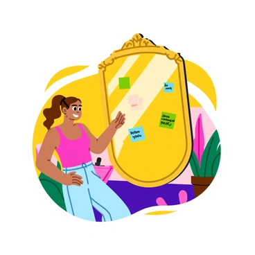 A woman standing in front of a large, ornate mirror. She has wavy brown hair pulled back into a ponytail and is wearing a bright, colorful tank top. Her expression is focused and determined as she gazes at her reflection. Surrounding her, there are sticky notes on the mirror with quotes like "You are strong" and "Believe in yourself" written in bold, cheerful letters. Sunlight streams in through a nearby window, illuminating her face and creating a warm atmosphere. The background features a cozy room with plants and bright decorations.