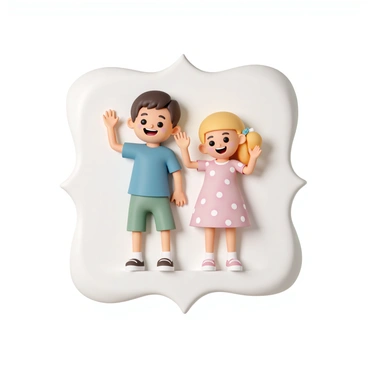 A restroom sign featuring a playful cartoon boy and girl. The boy has short brown hair, wearing a blue t-shirt and green shorts, with a big smile and one hand raised in a wave. The girl has long blonde hair, wearing a pink dress with white polka dots, and she is also smiling and waving with one hand. Both characters are positioned next to each other, set against a simple background with rounded corners that adds to the whimsical theme.