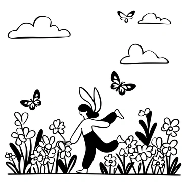 A small, elf-like creature with large ears and a slender frame is frolicking through a field filled with blooming flowers of various shapes and sizes. The flowers are densely packed, creating a vibrant landscape that occupies the foreground. Around the creature, several butterflies with delicate wings are fluttering gracefully, adding to the lively scene. The sky above is filled with scattered clouds, and a gentle breeze seems to be moving through the field, causing the flowers to sway slightly.