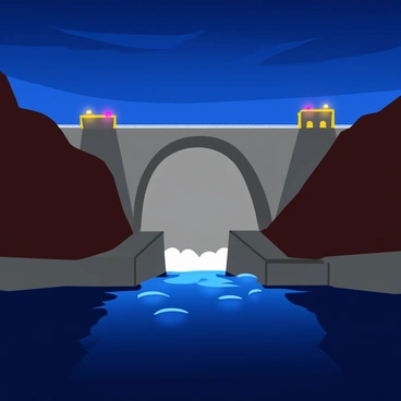 The Hoover Dam is illuminated at night with bright white and colored lights. The large concrete structure towers over the water, showcasing its impressive arch design. The lights cast shimmering reflections on the dark water below, creating dynamic patterns. The sky is deep blue with hints of twilight, adding to the scene's vibrancy. The surrounding landscape is silhouetted against the illuminated dam, enhancing the visual contrast.