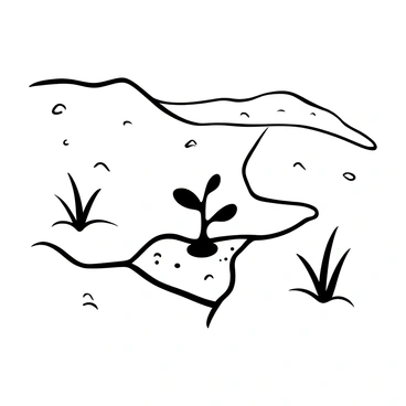 A tiny seedling with delicate green leaves emerging from the ground, positioned in the center of a dry, cracked desert landscape. The surrounding soil displays deep fissures, highlighting the stark contrast between the seedling and the parched earth. Sparse tufts of dry grass are scattered throughout the terrain, adding to the arid environment. The background features a vast expanse of sand, with distant, barren hills rising under an expansive sky.