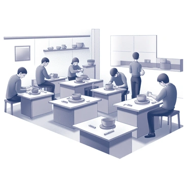 A classroom filled with students working at pottery wheels. Each student is focused on shaping their clay, with hands expertly molding the spinning material. There are several pottery wheels arranged in rows, and a few students are seated on stools, while others stand beside their wheels. An instructor is positioned at the front of the room, demonstrating techniques and providing guidance. The walls are adorned with shelves displaying finished pottery pieces, and the atmosphere is filled with the sounds of the wheels turning and tools clinking. The floor is covered with clay scraps and tools for crafting.